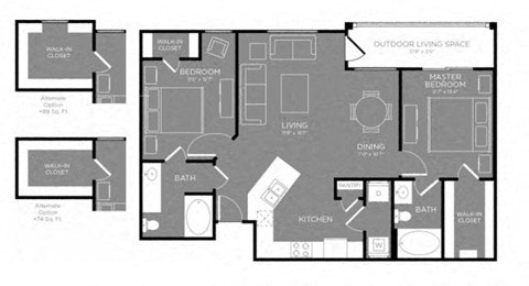 Floor plan for 2 beds, 2 baths, 1000 sqft